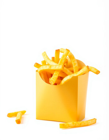 French fries in yellow box isolated on white background. Selective focus.