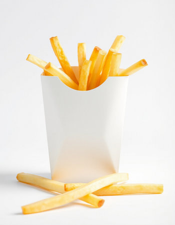 French fries in a white box on a white background. Fast food.