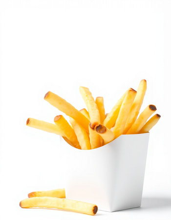 French fries in a white box on a white background. Isolated