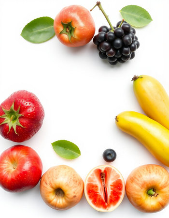 Fruits and berries on white background. Flat lay, top viewの写真素材
