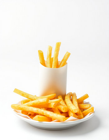 French fries in white dish on white background. Selective focus.の写真素材