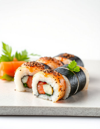 Sushi roll with salmon, cucumber and cream cheese on white backgroundの写真素材