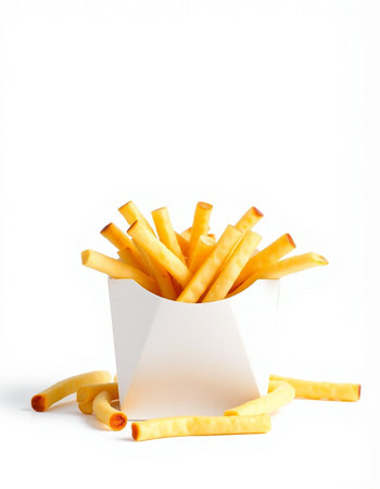French fries in a white box on a white background. Isolated