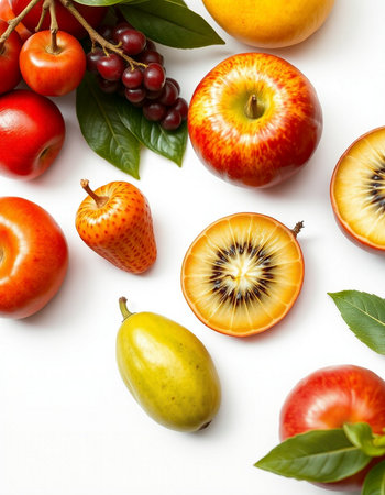 Fruits and berries on white background. Flat lay, top view