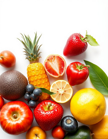 Fruits and vegetables isolated on white background. Healthy food concept.