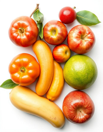 Fruits and vegetables isolated on white background. Top view. Flat lay.