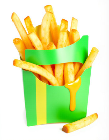 French fries in a green box isolated on white background with clipping path
