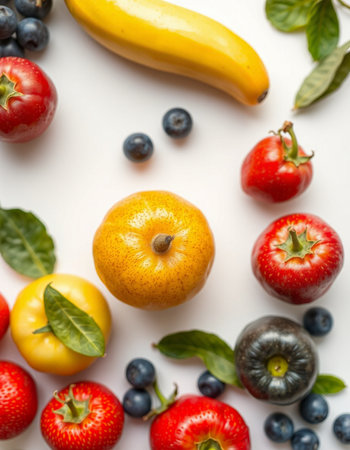 Fruits and berries on a white background. Flat lay, top viewの写真素材