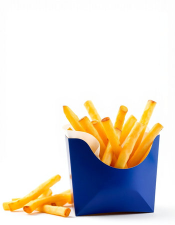 French fries in a blue box on a white background. Selective focus.の写真素材
