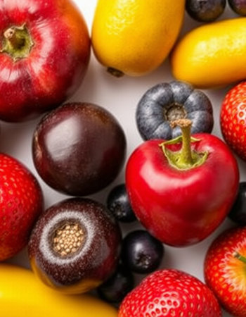 Assorted fresh fruits and vegetables on white background. Top view.