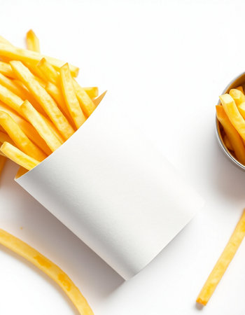 French fries with blank paper card on white background, top view.の写真素材