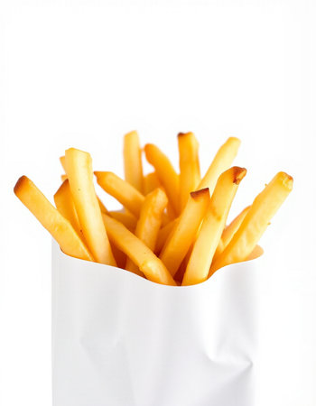 French fries in a white paper bag isolated on a white background.