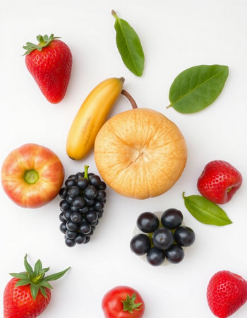 Fresh fruits and berries on white background. Top view. Flat lay.の写真素材