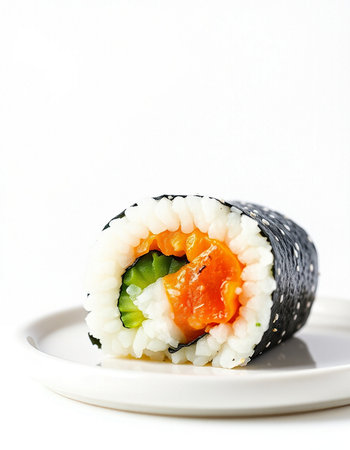 Sushi roll with salmon, cream cheese and cucumber on white backgroundの写真素材