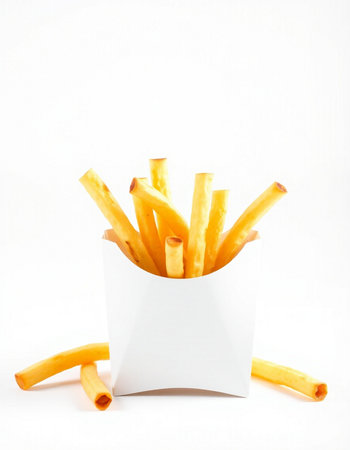 French fries in a white box on a white background. Isolated