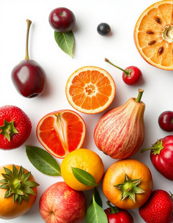 Composition with different ripe fruits on white background, top view. Healthy food