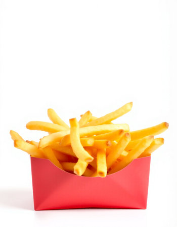 French fries in a red box on a white background. Fast food.の写真素材
