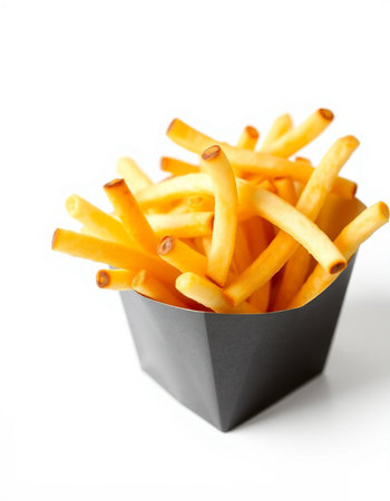 French fries in a paper box isolated on white background. Selective focus.
