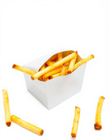 French fries in a white box on a white background. Isolated