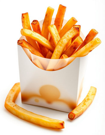 French fries in a paper box on a white background. Isolated