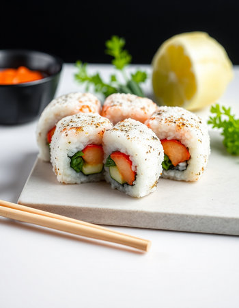Sushi roll with salmon, cucumber, avocado and cream cheese on a white backgroundの写真素材