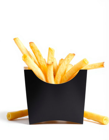 French fries in a black box on a white background. Isolated