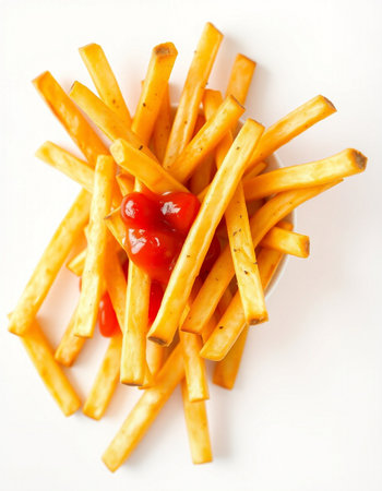 French fries with ketchup on white background. Selective focus.