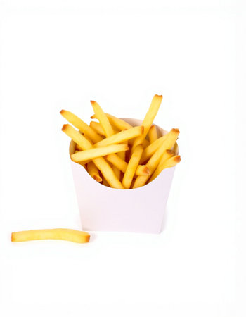 French fries in a white box on a white background. Isolated