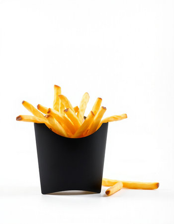 French fries in a black plastic box isolated on a white background.の写真素材