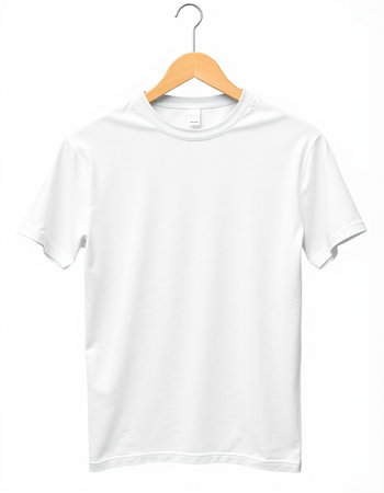 White t-shirt on wood hanger isolated on white background.