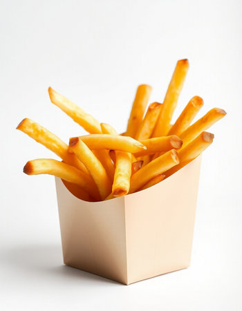 French fries in a paper box on a white background. Selective focus.