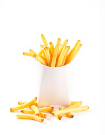 French fries in a white paper cup on a white background. Isolated