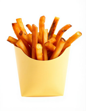 French fries in a yellow paper box isolated on a white background.