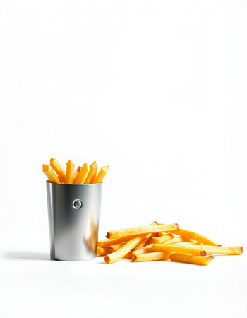 Golden French fries in a metal container on a white background, isolated