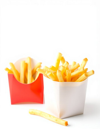 French fries in a red box on a white background. Isolatedの写真素材
