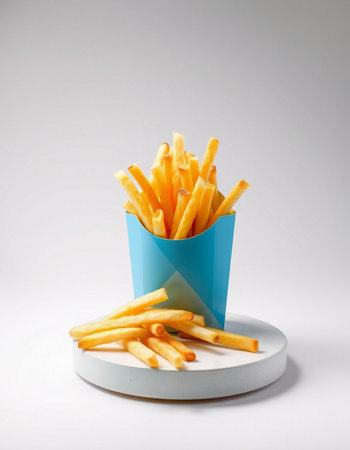 French fries in a paper cup on a white background. Fast food.の写真素材