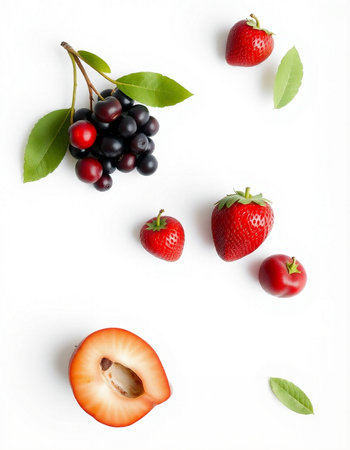 Strawberry, blackberry, cherry, cherry on white background