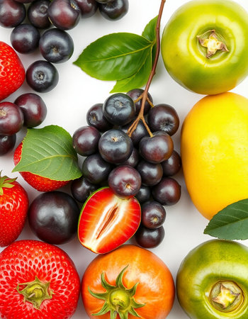 fresh fruits and berries isolated on a white background. top view.