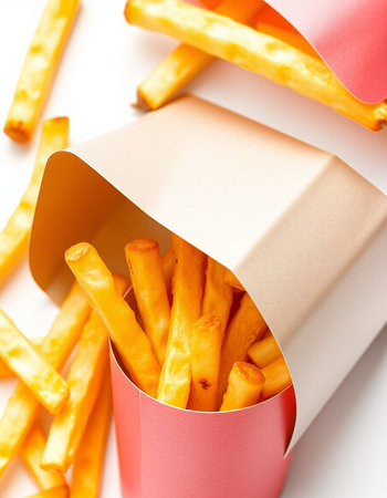 French fries in a paper bag on a white background, close-up