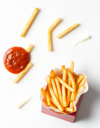 French fries with ketchup and mayonnaise on a white background
