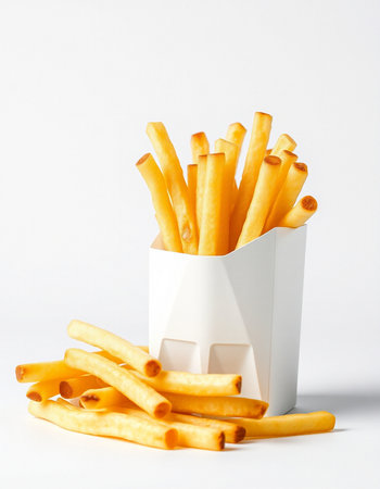 French fries in a paper box on a white background. Fast food.