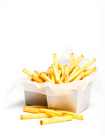 French fries in a paper box on a white background. Isolated