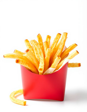 French fries in red box isolated on white background. Selective focus.