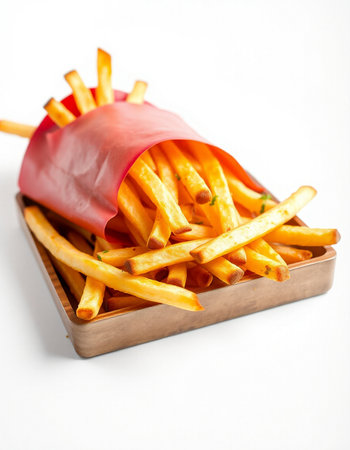French fries in a paper bag on a white background, fast foodの写真素材