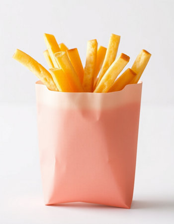 French fries in a pink paper bag on a white background, close-up