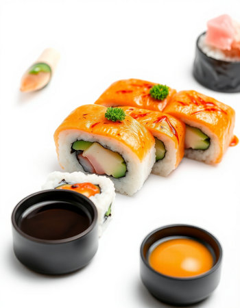 Sushi roll with salmon, avocado, cucumber, cream cheese and sauceの写真素材