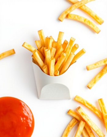 French fries with ketchup on a white background. Selective focus.