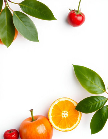 Fresh fruits with leaves on white background. Flat lay, top viewの写真素材