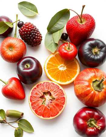 Fruits and berries on a white background. Flat lay, top view