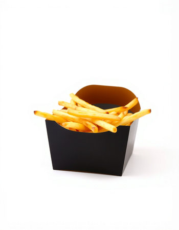 French fries in a black box isolated on white background with clipping pathの写真素材